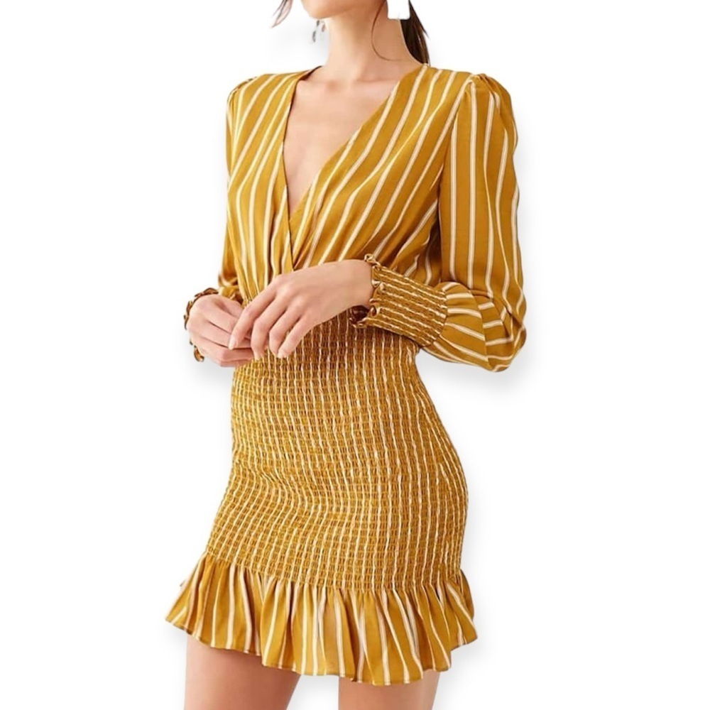 Forever 21 Striped‎ V-neck Long Sleeve Smocked Mini Dress​​​​